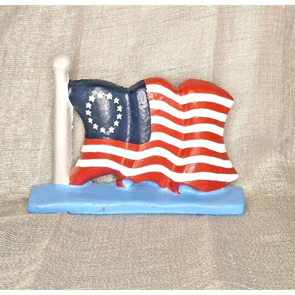 Vntg Door Stop Cast Iron American Flag Colonial 13 Stars Patriotic Doorstop USA